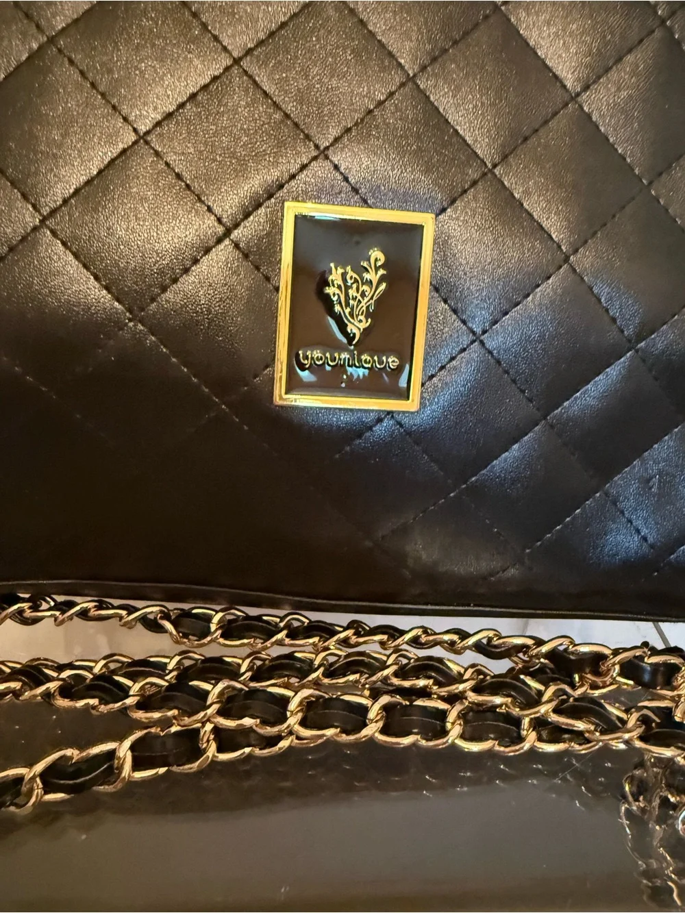 Younique Black Faux Lesther Quilted Crossbody with Gold Chain
